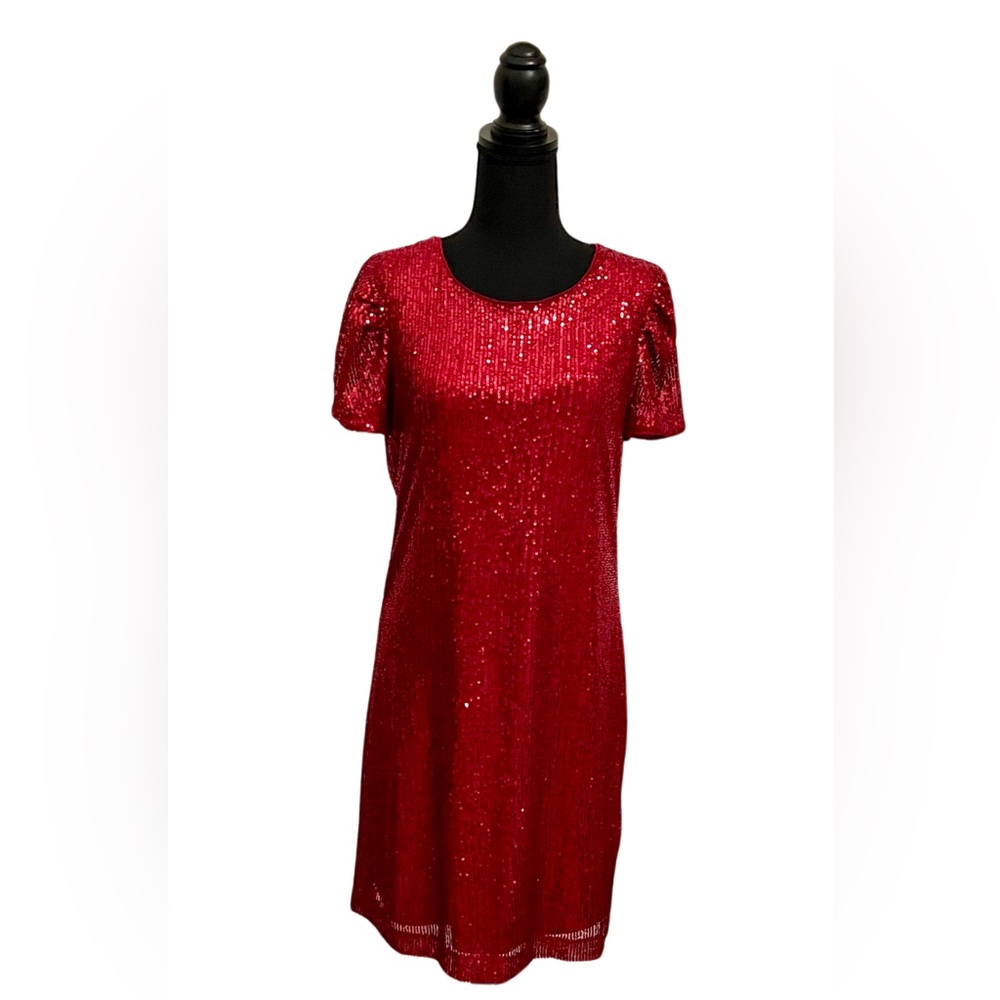 DKNY Red Sequin Shift Dress – Glamorous Party Style